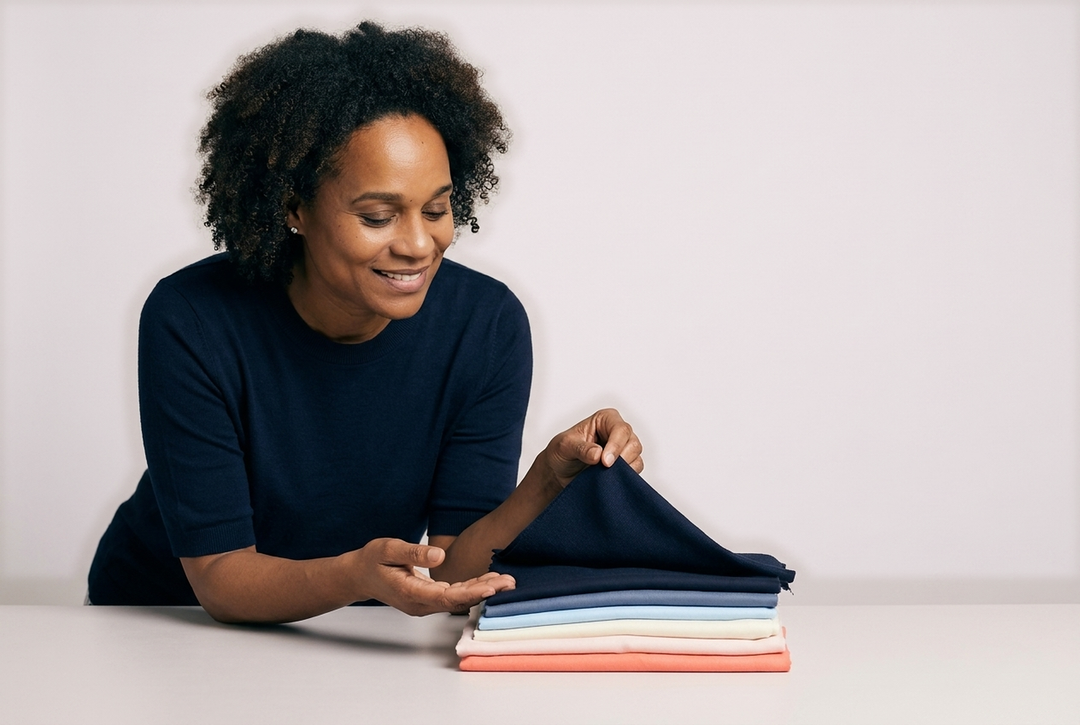 A woman lifting the top swatch from a stack of folded cooling sleepwear fabrics in navy, blue, cream and coral on a greige studio background