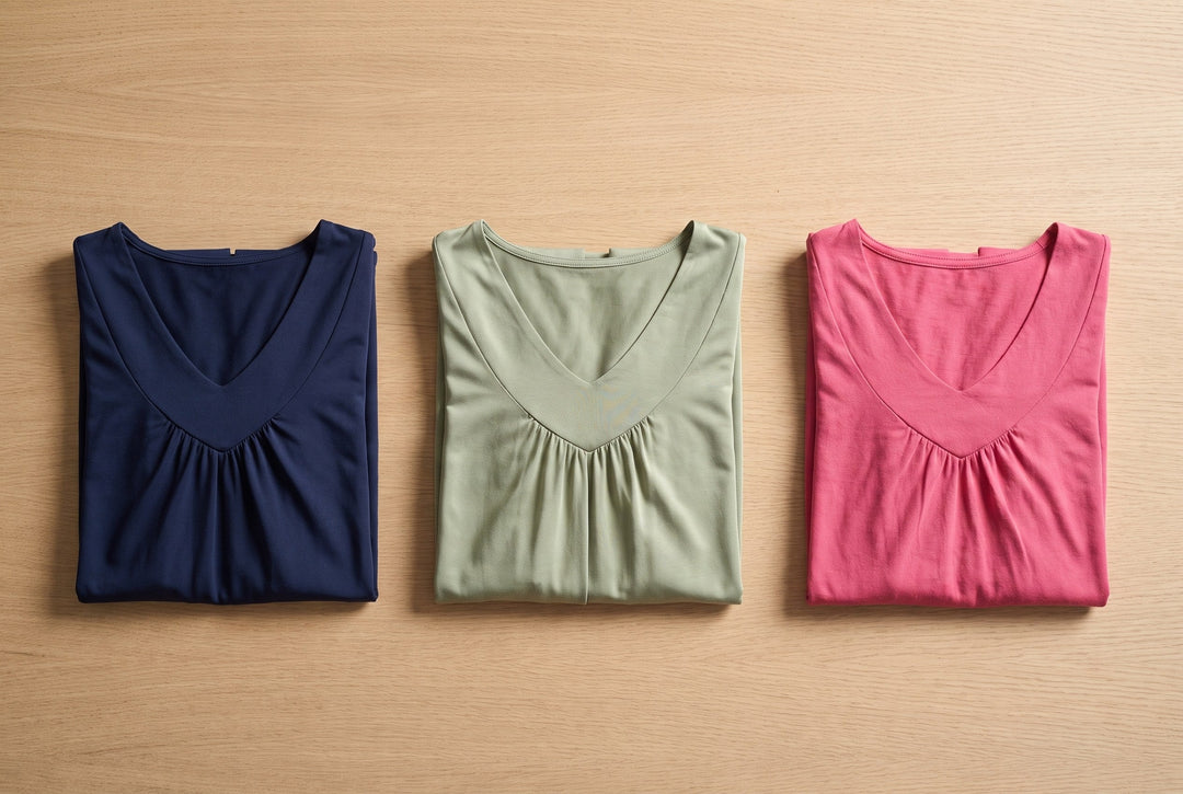 Three Cool-jams Gathered Tank Nightgowns folded side by side, in NightCool navy, BambooSoft sage green and DayBasics raspberry.
