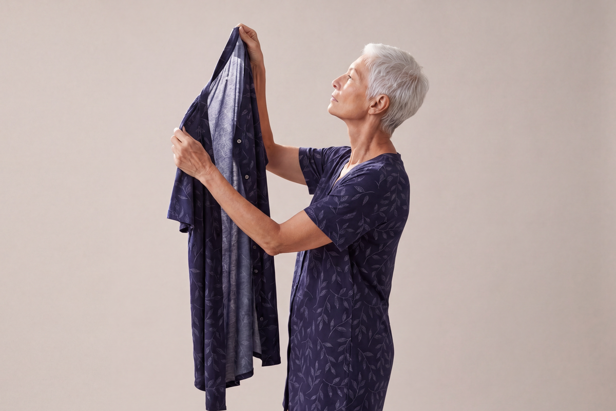 A woman holds a Cool-jams NightCool snap front nightshirt in the navy leaf print up toward the light, examining the knit
