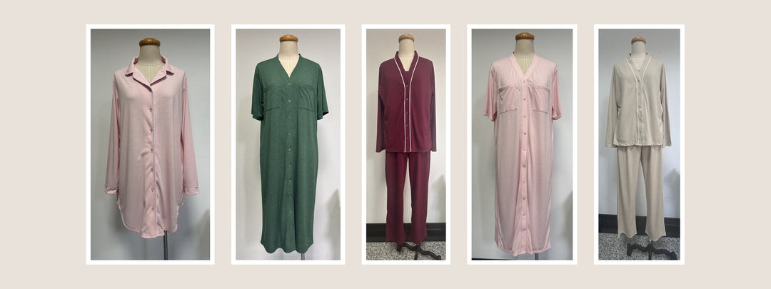 New Cool-jams samples on the form: a long sleeve collared nightshirt, a snap front midi nightshirt and piped V-neck sets