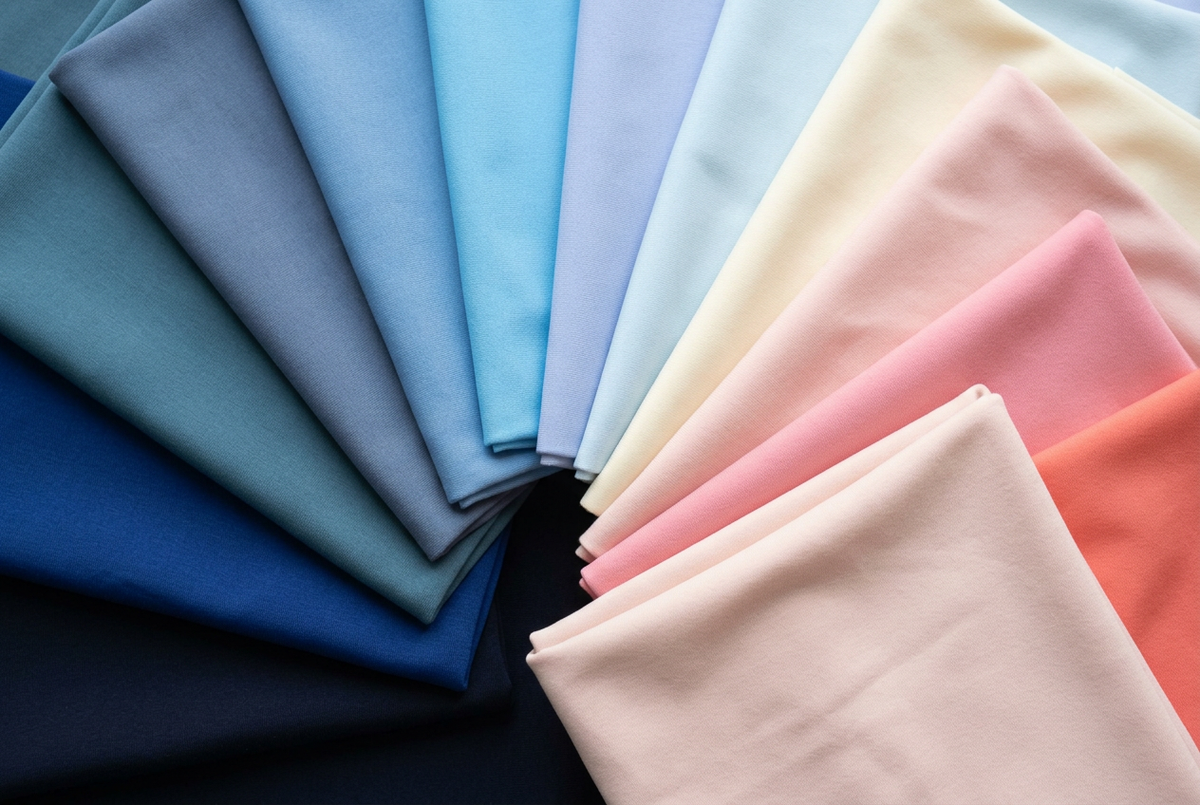 Folded squares of soft jersey sleepwear fabric fanned in an arc, sweeping from deep navy through mid and pale blues into cream, blush and coral