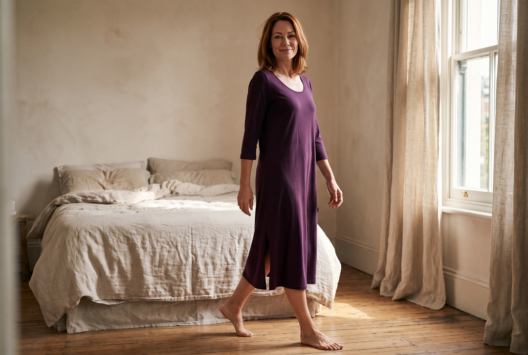 A woman walking barefoot across a sunlit autumn bedroom in a deep aubergine Cool-jams NightCool nightgown with three-quarter sleeves