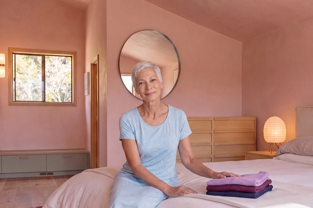 Woman sitting on the edge of a bed in a light blue Island Leaf print NightCool scoop neck nightshirt