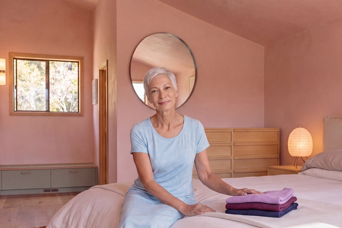 Woman sitting on the edge of a bed in a light blue Island Leaf print NightCool scoop neck nightshirt
