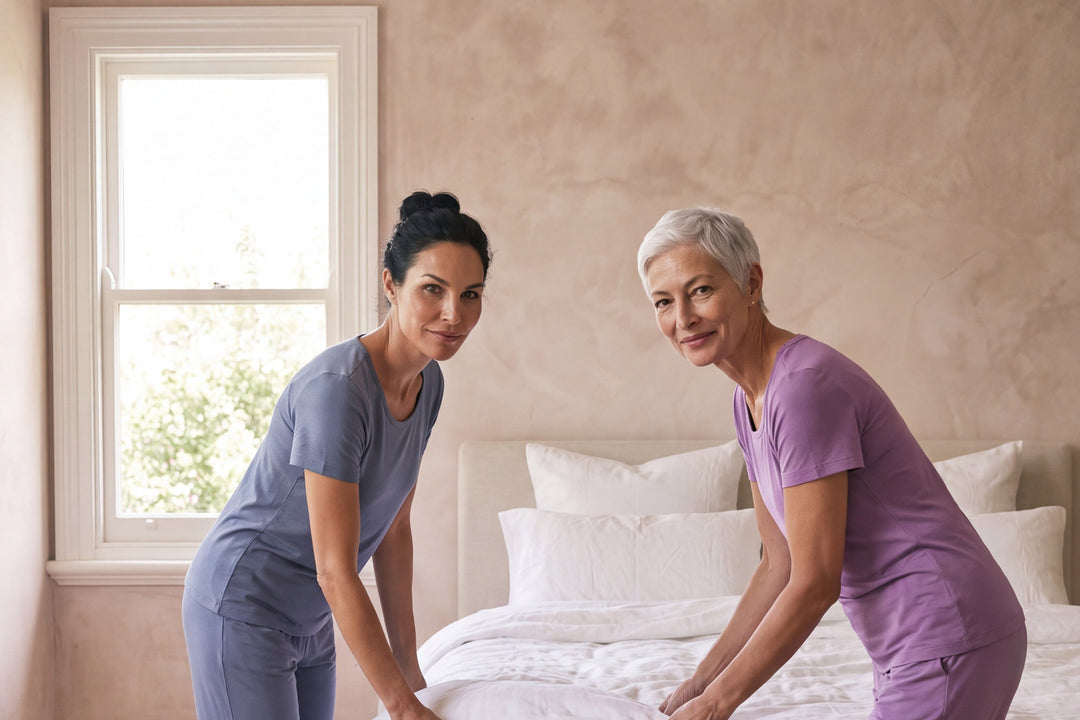 Two women making a bed together in NightCool scoop t-shirts and pants, one in dusk blue and one in violet