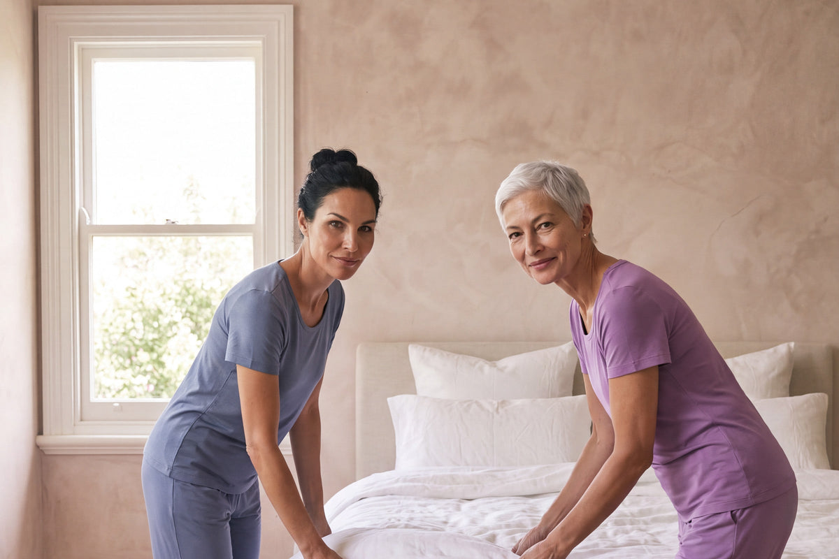 Two women making a bed together in NightCool scoop t-shirts and pants, one in dusk blue and one in violet
