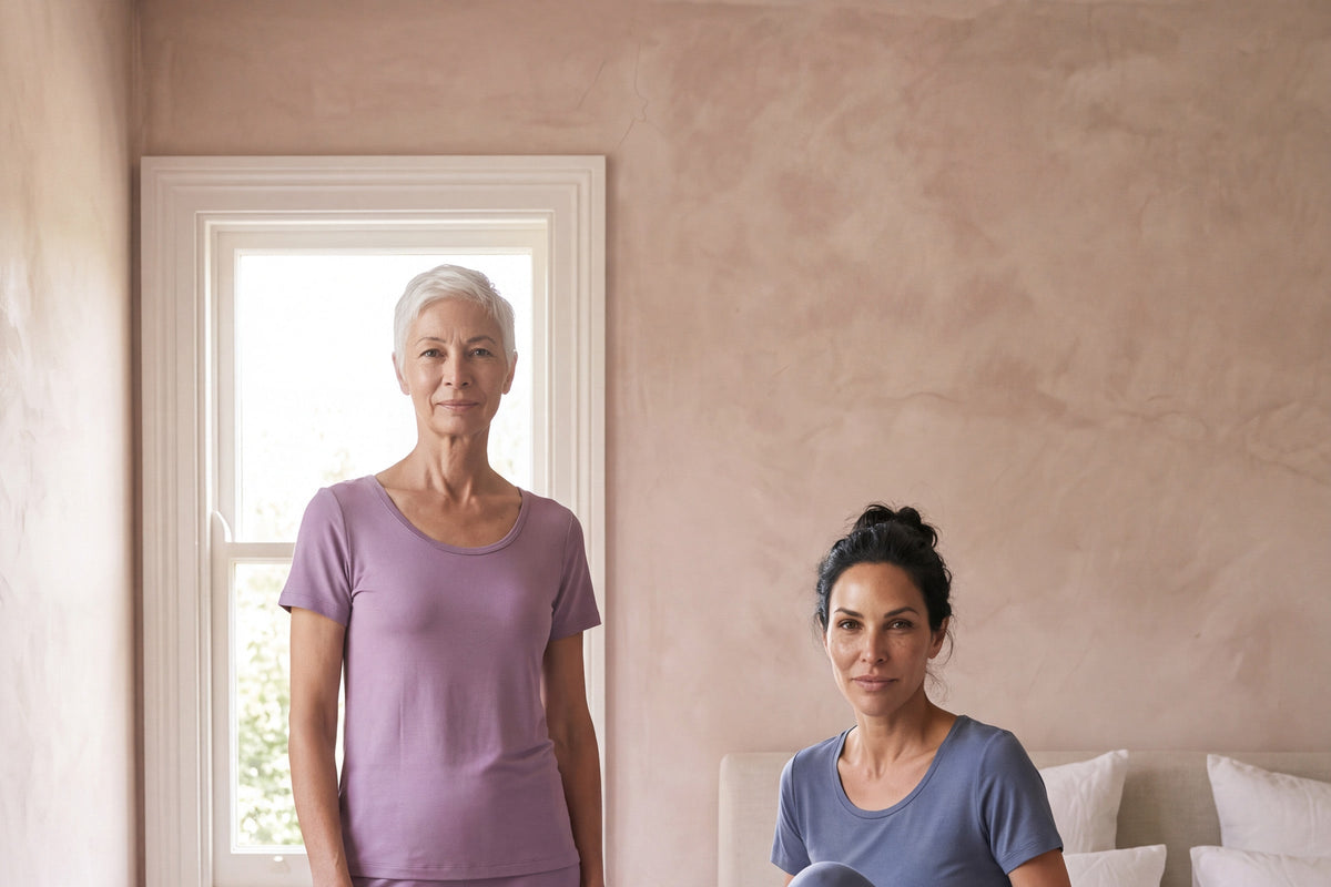 Two women in a sunlit bedroom in matching scoop t-shirt and pants sets, one violet and one dusk blue, one standing and one sitting on the bed