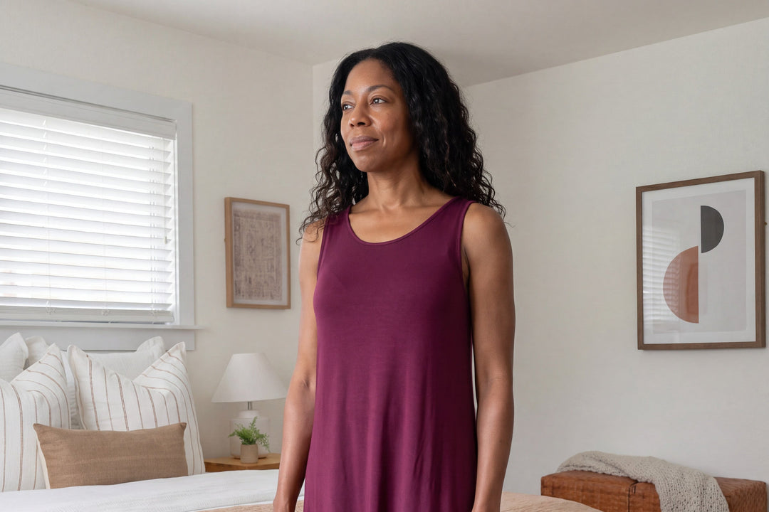 Woman standing beside a bed in a full-length merlot NightCool long tank gown, the hem clear of the floor