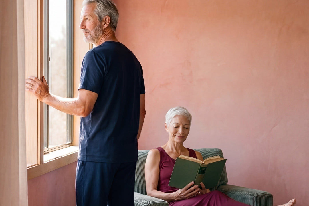 Couple at home, she reading in an armchair in a merlot NightCool long tank gown, he standing at the window in a navy NightCool crew neck t-shirt and pants