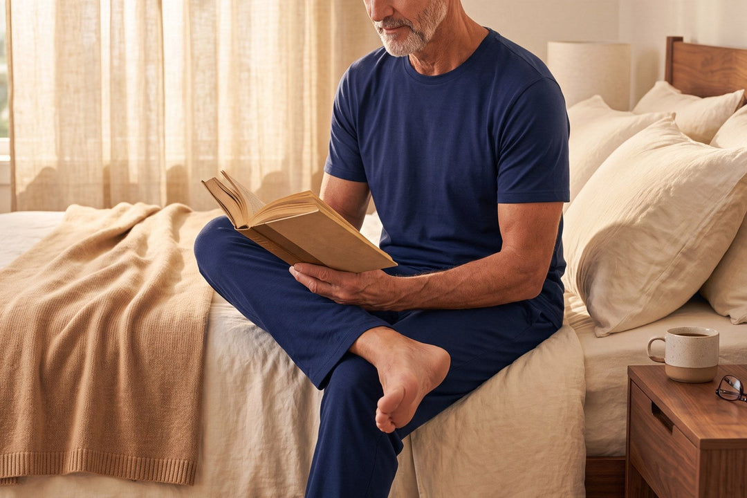 Man sitting on the edge of a bed reading in a NightCool crew neck T-shirt and pants in Navy, warm morning light through linen curtains
