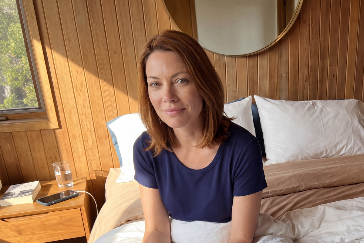 Woman sitting up in bed in the morning holding a mug, wearing a navy NightCool scoop neck nightshirt