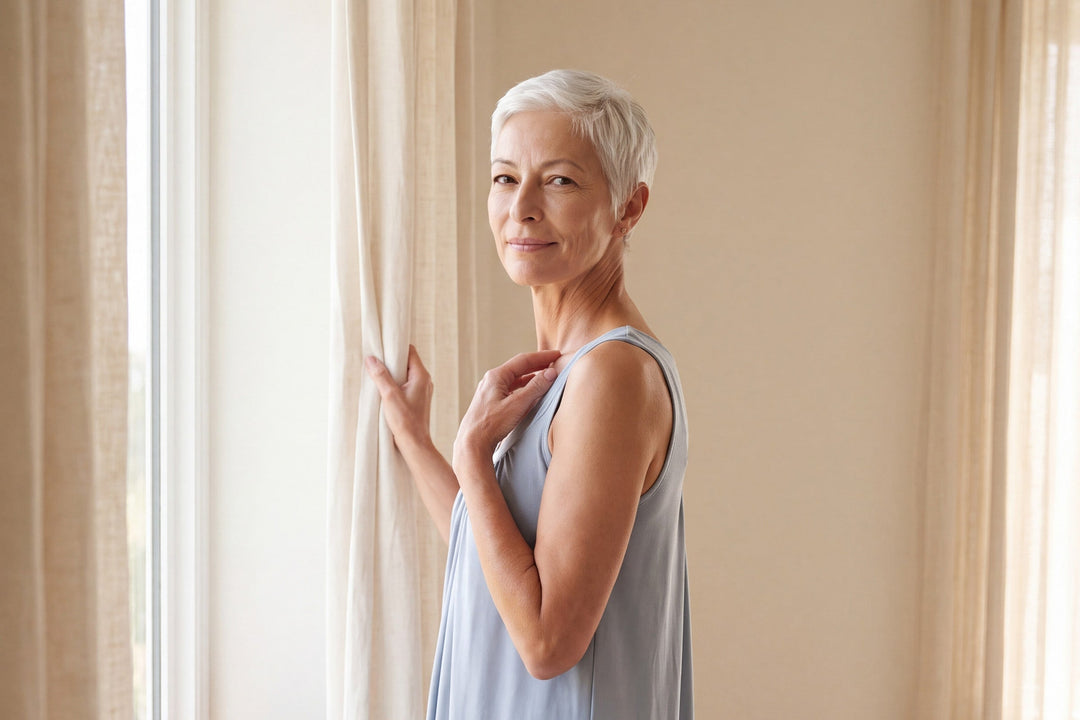Woman at a bedroom window in a sleeveless powder blue BambooSoft gathered tank nightgown, one hand resting at her collarbone