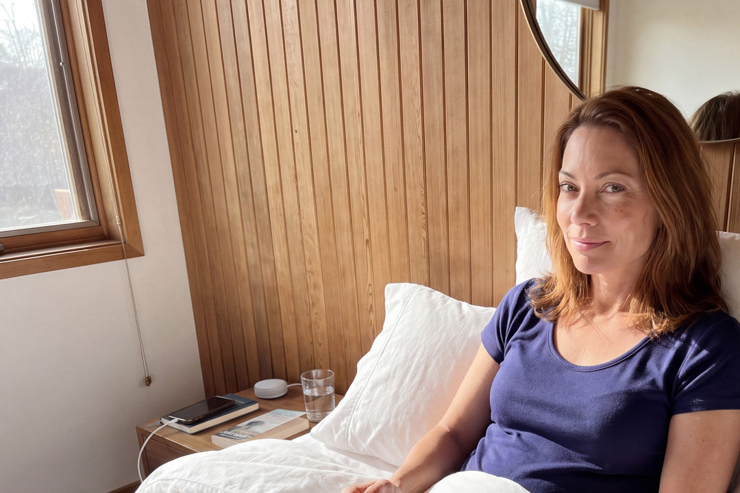 Woman sitting up in bed in the morning holding a mug, in a navy NightCool scoop neck nightshirt