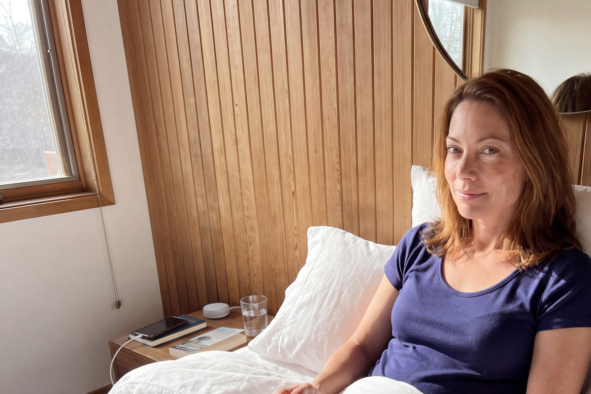 Woman sitting up in bed in the morning holding a mug, in a navy NightCool scoop neck nightshirt