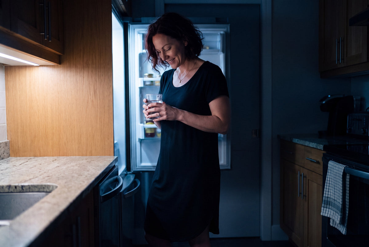 Woman in a black NightCool scoop neck nightshirt standing at an open fridge in a dark kitchen at night, holding a glass of water
