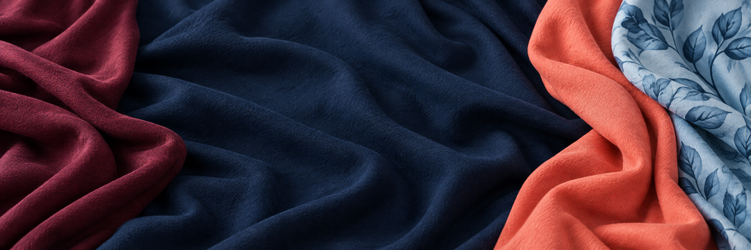 Deep navy fabric framed by merlot, coral and pale blue botanical folds, illustrating pajama colors and patterns.