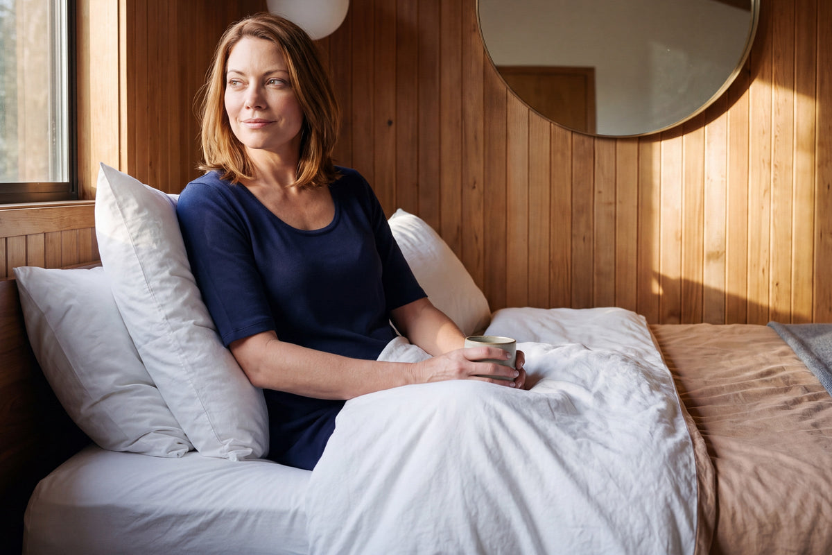 Woman sitting up in bed with a cup in a NightCool scoop neck nightshirt in Navy, in a sunlit cedar-panelled bedroom
