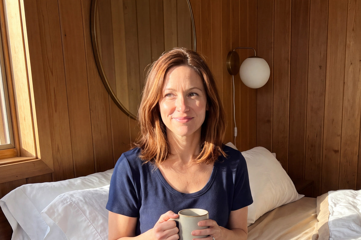 Woman sitting on a bed with a mug in a navy NightCool scoop neck nightshirt