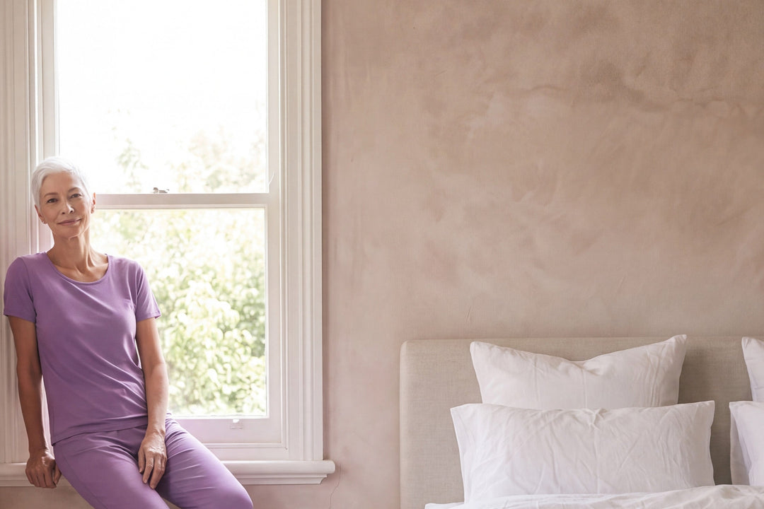 Woman wearing the NightCool Scoop T-Shirt and Pants in Violet, sitting on a bedroom window sill