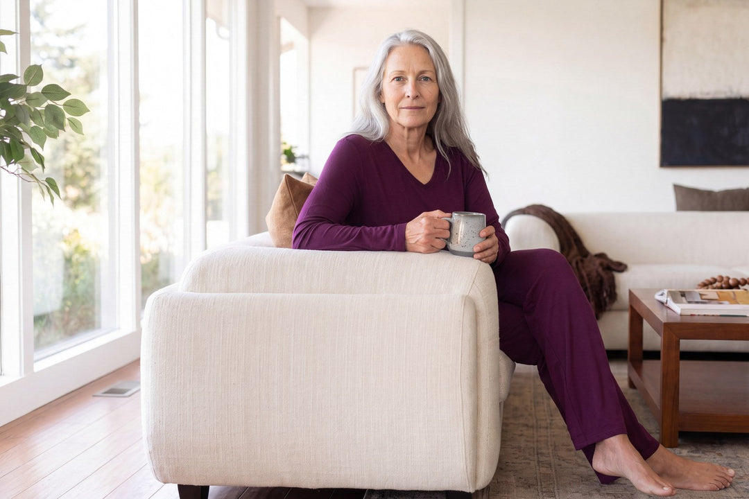 Woman sitting on a sofa with a mug in a DayBasics long sleeve top and drawstring pants in Merlot, bright living room with tall windows