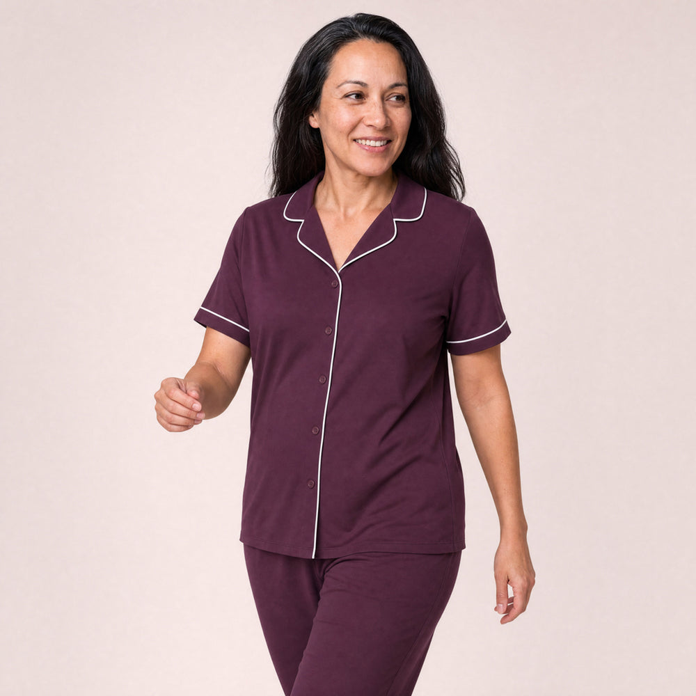 Merlot Cool-jams DayBasics Button Front Short Sleeve Top for women, breathable everyday sleepwear