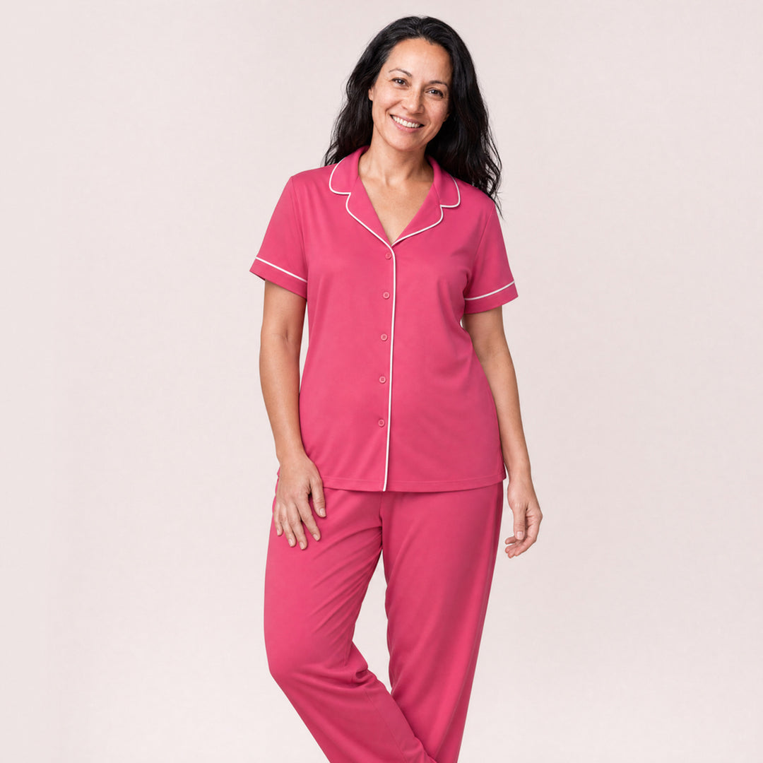 Raspberry Cool-jams DayBasics Button Front Short Sleeve Top for women, breathable everyday sleepwear