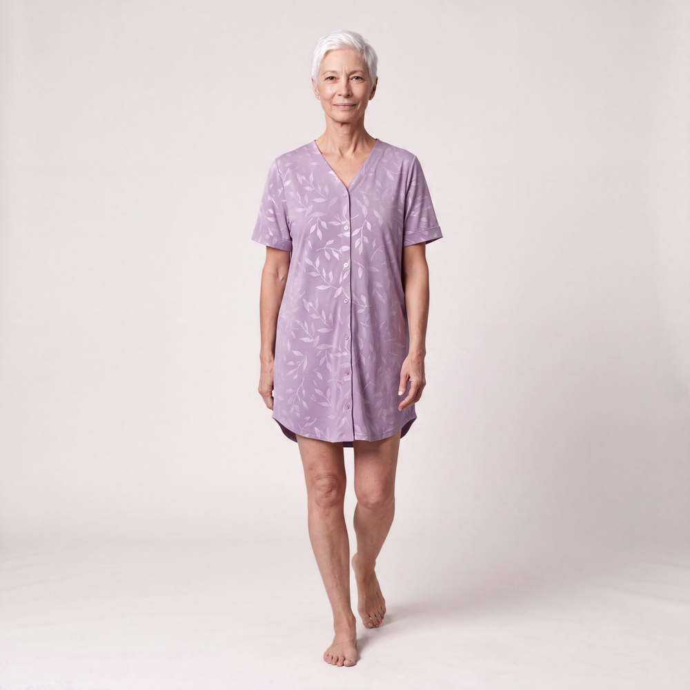 Women's NightCool Snap Front Nightshirt in Violet Leaf