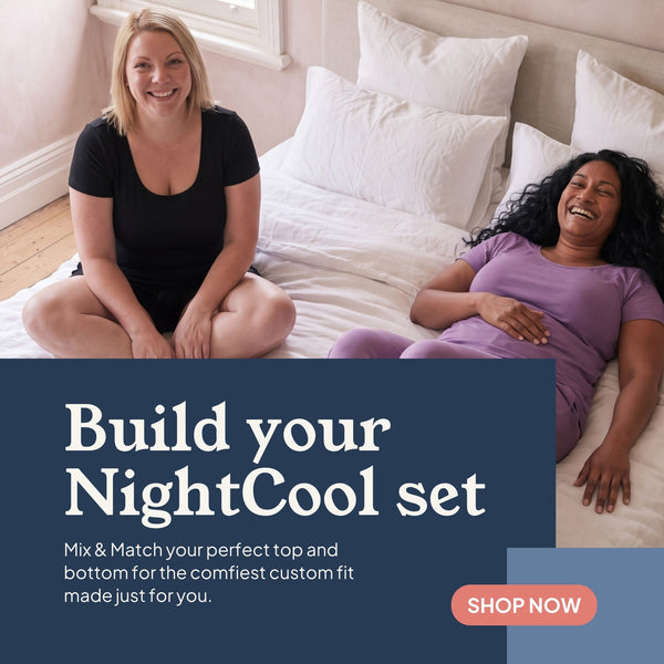 Build your NightCool set: two women relaxing on a bed in NightCool sleepwear