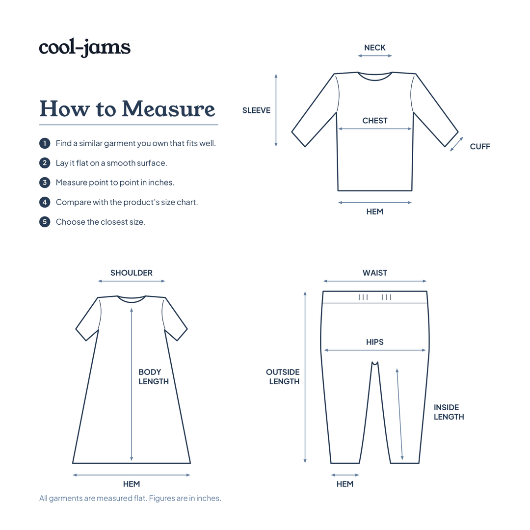 How to measure your sleepwear: neck, chest, sleeve, cuff, hem, shoulder, body length, waist, hips and inside length