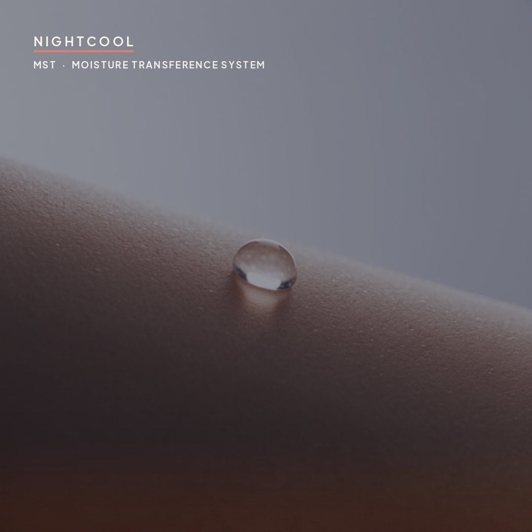 NightCool moisture transference: sweat is pulled off the skin, moved to the fabric surface, and evaporates so heat leaves with it.