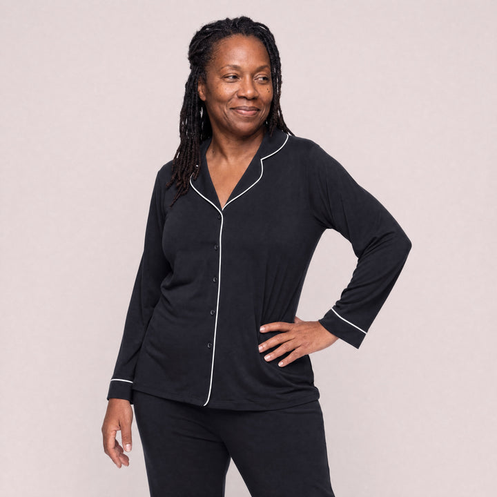 Black Cool-jams DayBasics Button Front Long Sleeve Top for women, breathable everyday sleepwear