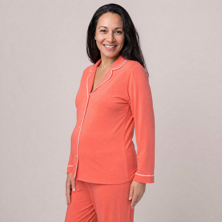 Coral Cool-jams DayBasics Button Front Long Sleeve Top for women, breathable everyday sleepwear
