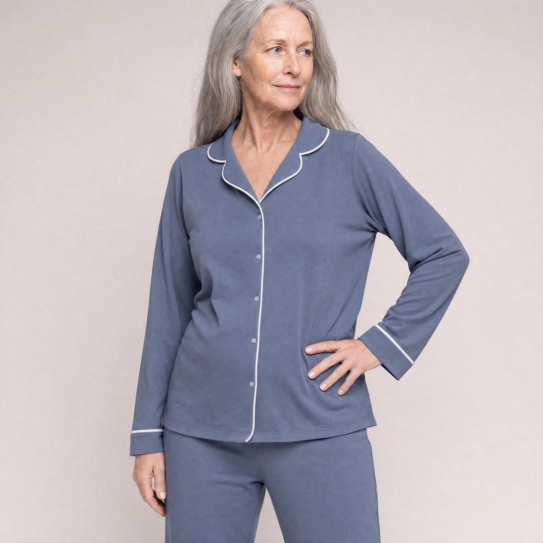 Dusk Blue Cool-jams DayBasics Button Front Long Sleeve Top for women, breathable everyday sleepwear