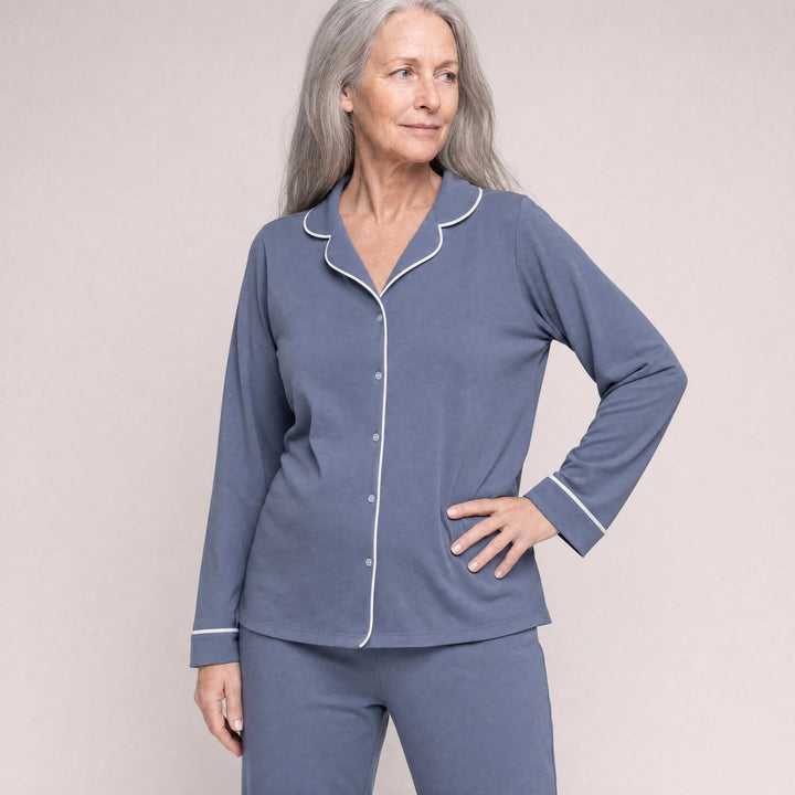 Dusk Blue Cool-jams DayBasics Button Front Long Sleeve Top for women, breathable everyday sleepwear