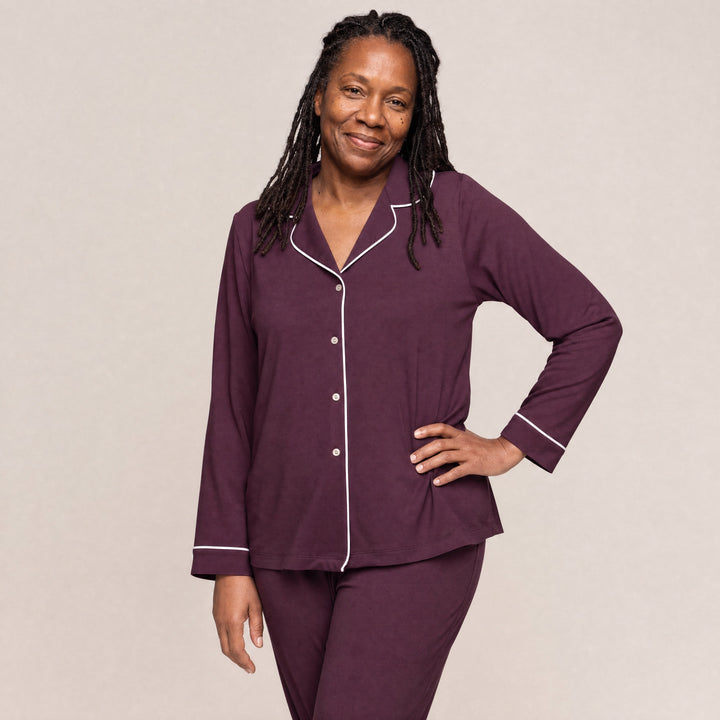 Merlot Cool-jams DayBasics Button Front Long Sleeve Top for women, breathable everyday sleepwear