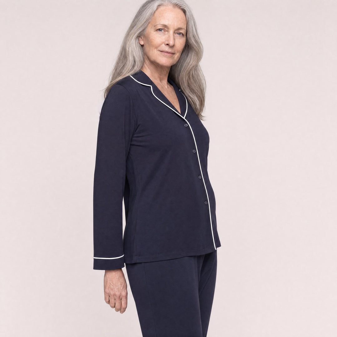 Navy Cool-jams DayBasics Button Front Long Sleeve Top for women, breathable everyday sleepwear