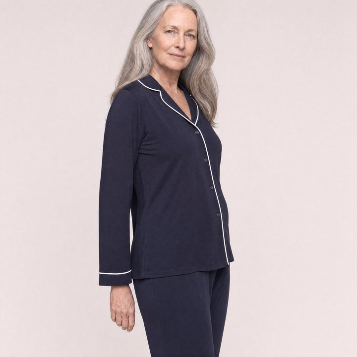 Navy Cool-jams DayBasics Button Front Long Sleeve Top for women, breathable everyday sleepwear