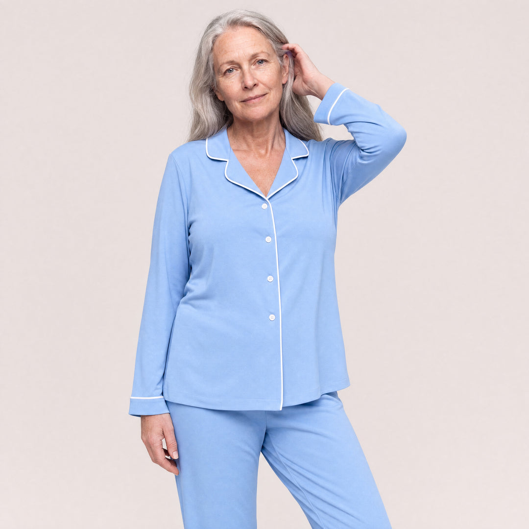 Sky-Blue Cool-jams DayBasics Button Front Long Sleeve Top for women, breathable everyday sleepwear