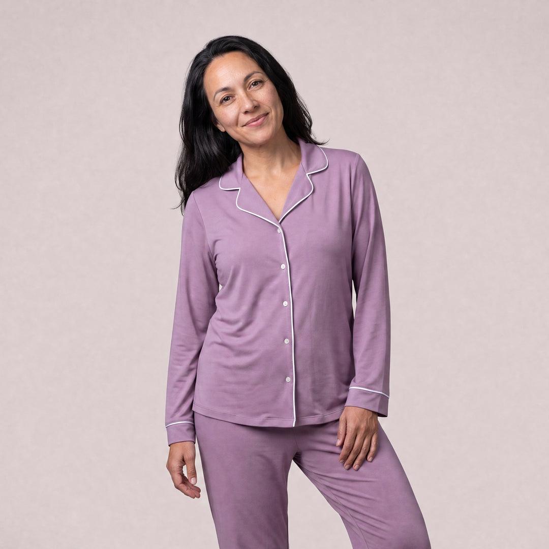 Violet Cool-jams DayBasics Button Front Long Sleeve Top for women, breathable everyday sleepwear