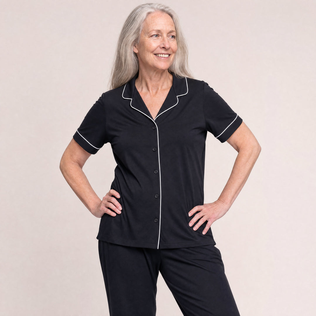 Black Cool-jams DayBasics Button Front Short Sleeve Top for women, breathable everyday sleepwear