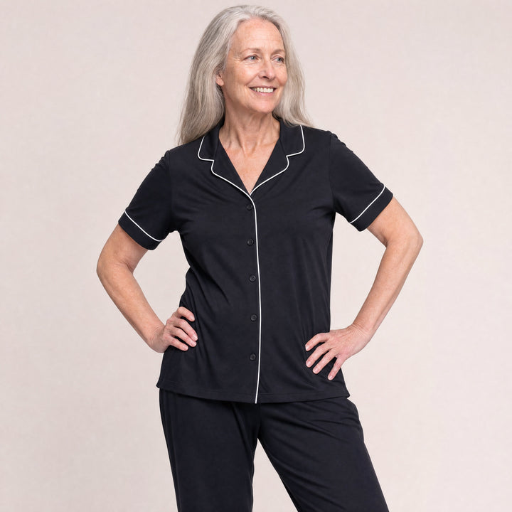 Black Cool-jams DayBasics Button Front Short Sleeve Top for women, breathable everyday sleepwear