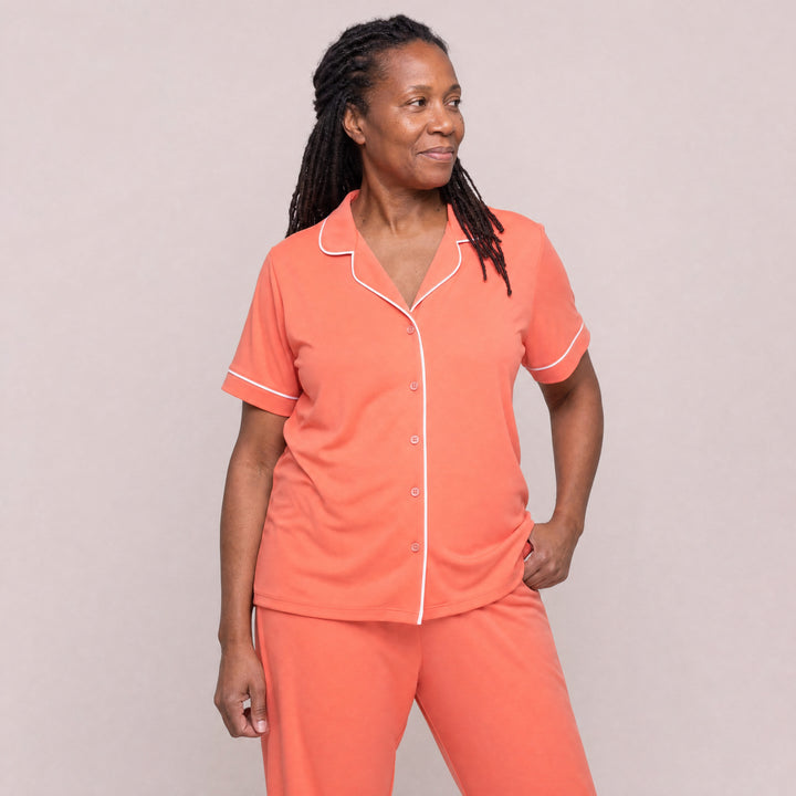 Coral Cool-jams DayBasics Button Front Short Sleeve Top for women, breathable everyday sleepwear