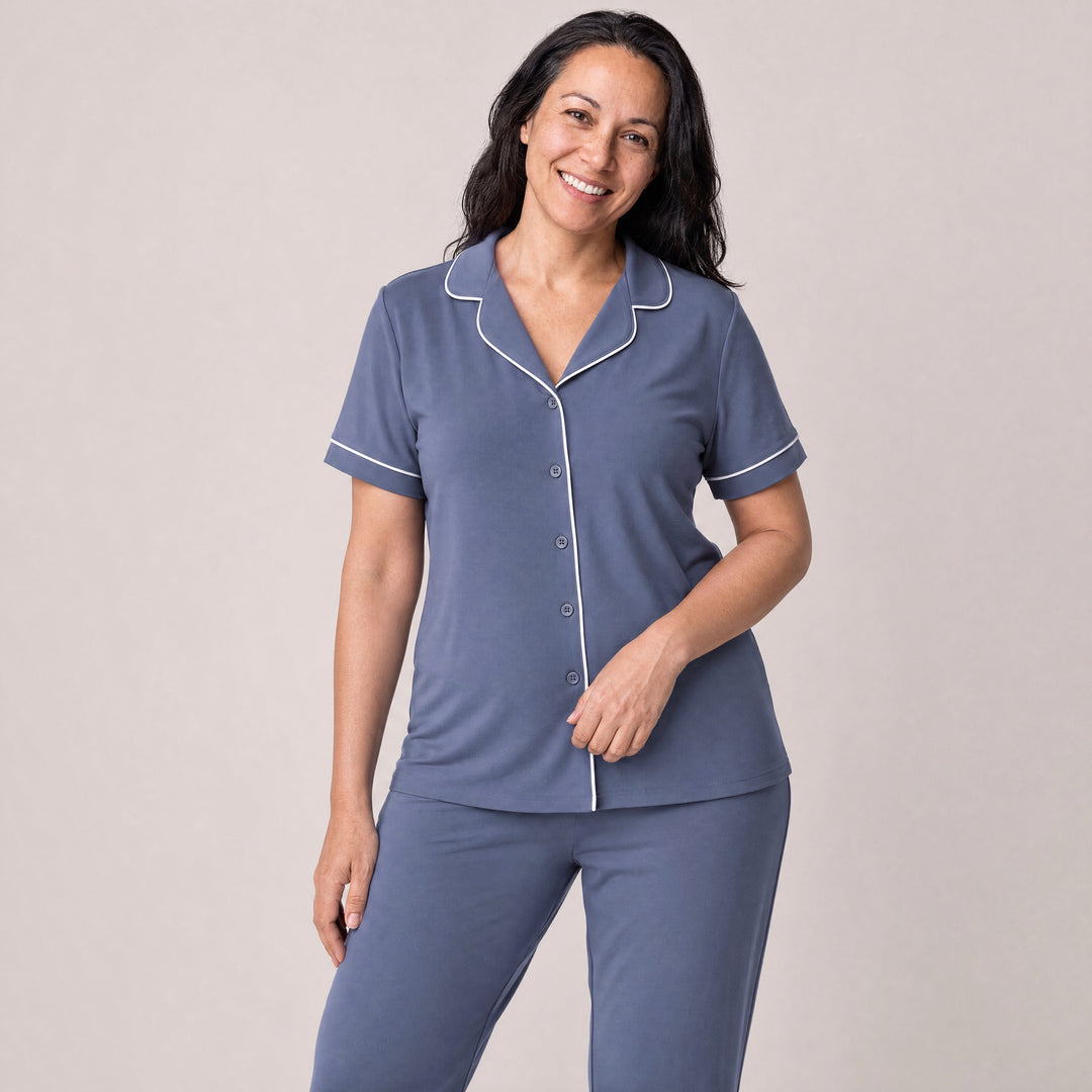 Dusk Blue Cool-jams DayBasics Button Front Short Sleeve Top for women, breathable everyday sleepwear