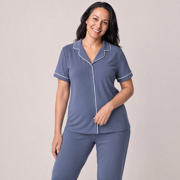 Dusk Blue Cool-jams DayBasics Button Front Short Sleeve Top for women, breathable everyday sleepwear
