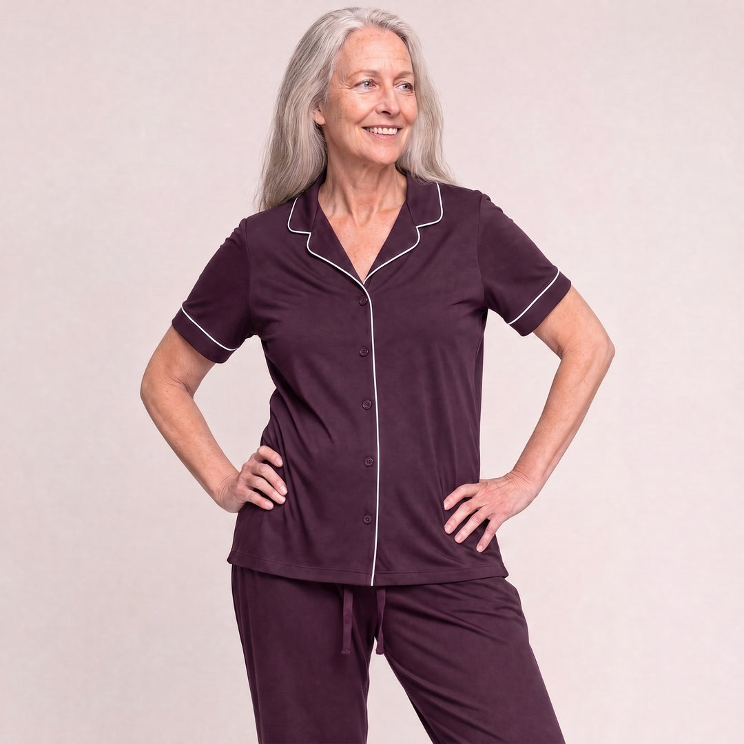 Merlot Cool-jams DayBasics Button Front Short Sleeve Top for women, breathable everyday sleepwear