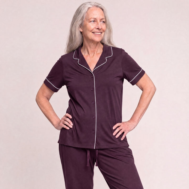 Merlot Cool-jams DayBasics Button Front Short Sleeve Top for women, breathable everyday sleepwear