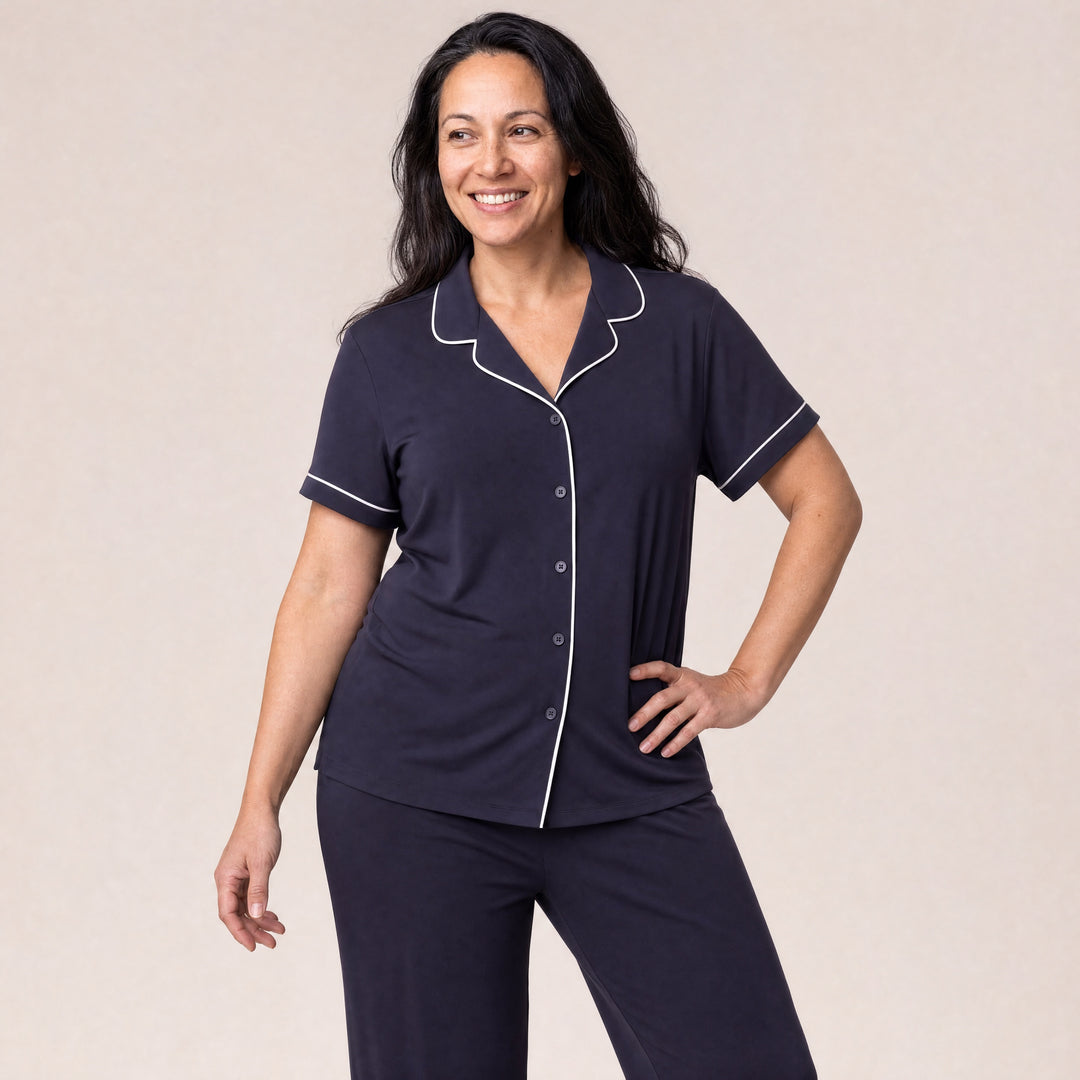 Navy Cool-jams DayBasics Button Front Short Sleeve Top for women, breathable everyday sleepwear