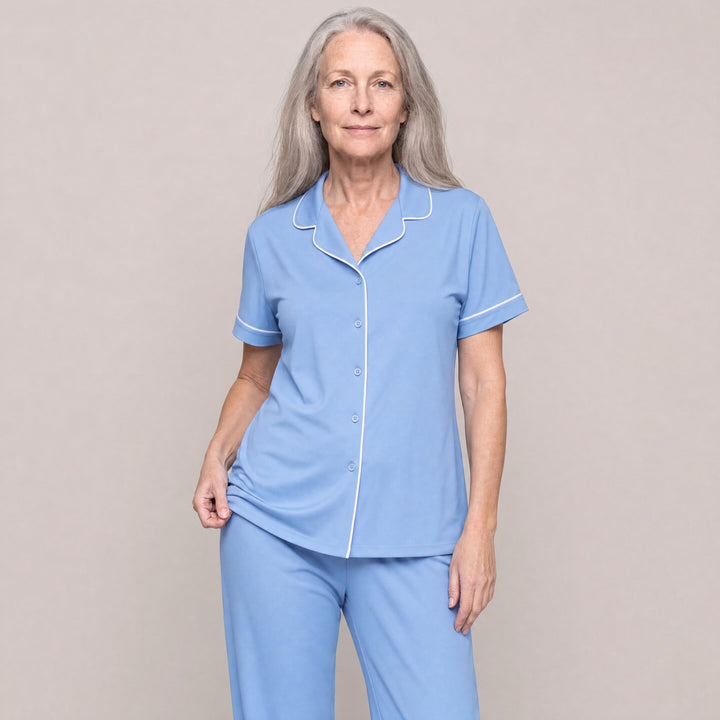 Sky-Blue Cool-jams DayBasics Button Front Short Sleeve Top for women, breathable everyday sleepwear