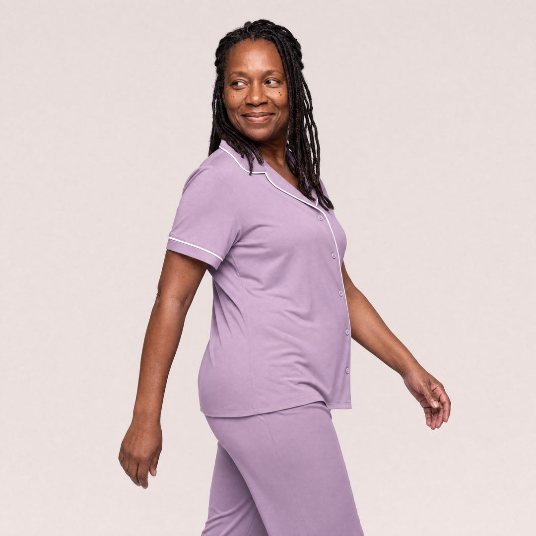 Violet Cool-jams DayBasics Button Front Short Sleeve Top for women, breathable everyday sleepwear