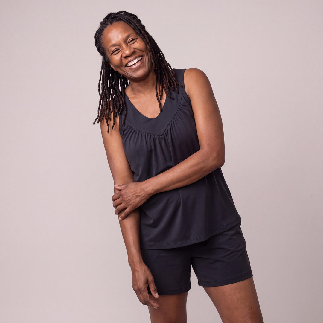 Black Cool-jams DayBasics Gathered Tank Top for women, easy everyday sleepwear